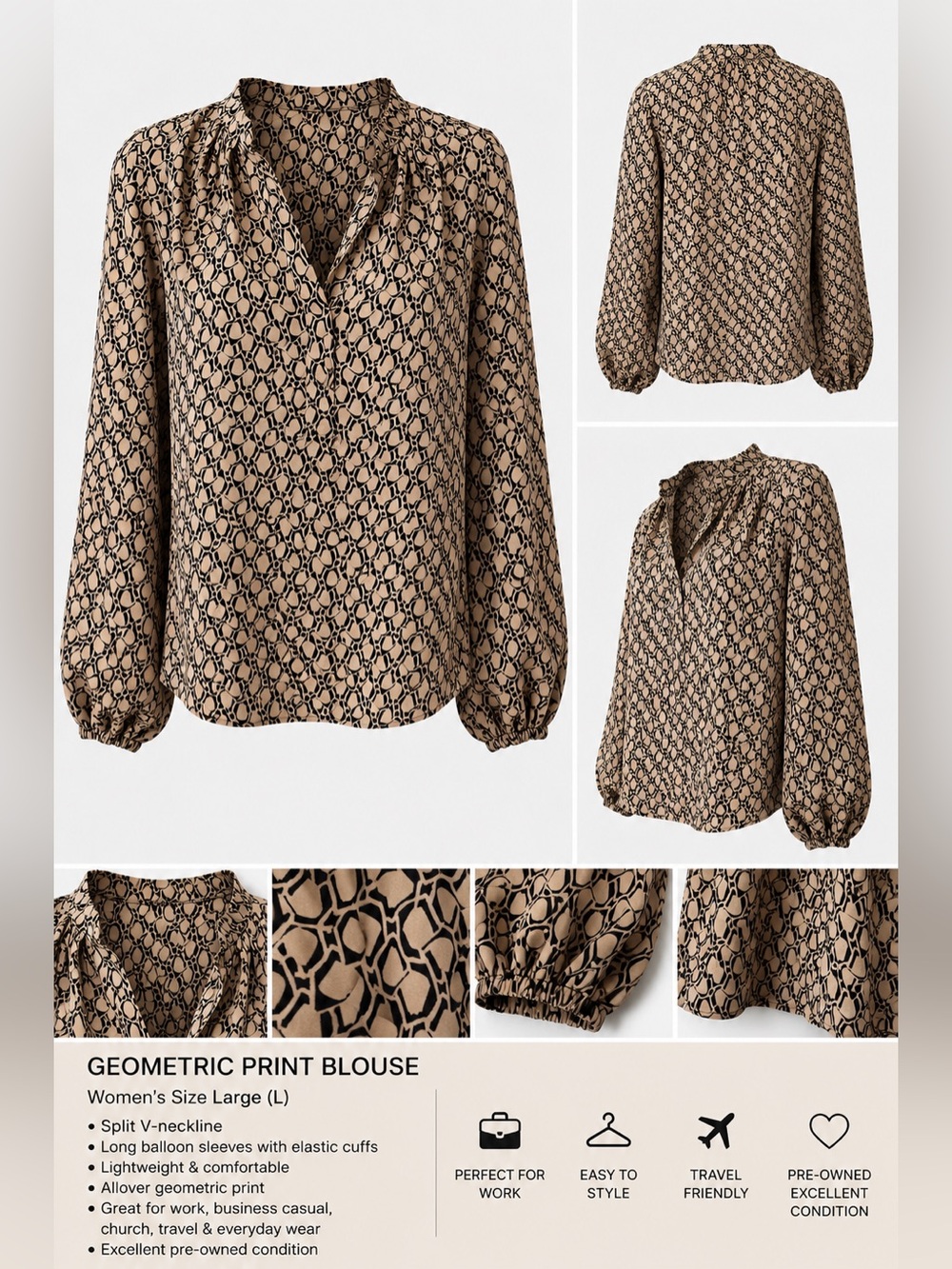 Women’s Size Large Brown & Black Geometric Print Balloon Sleeve V-Neck Blouse